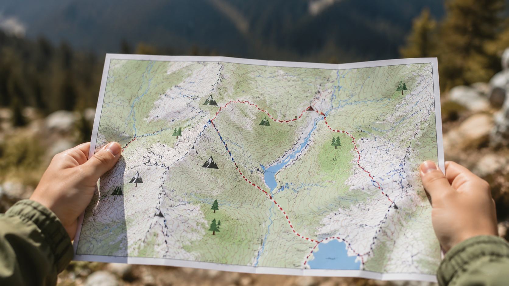 Child holding detailed topographic trail map with visible landmarks and route markers