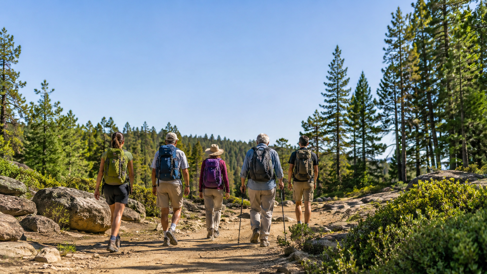 Mixed-age group hiking together on accessible forest trail with clear trail markers