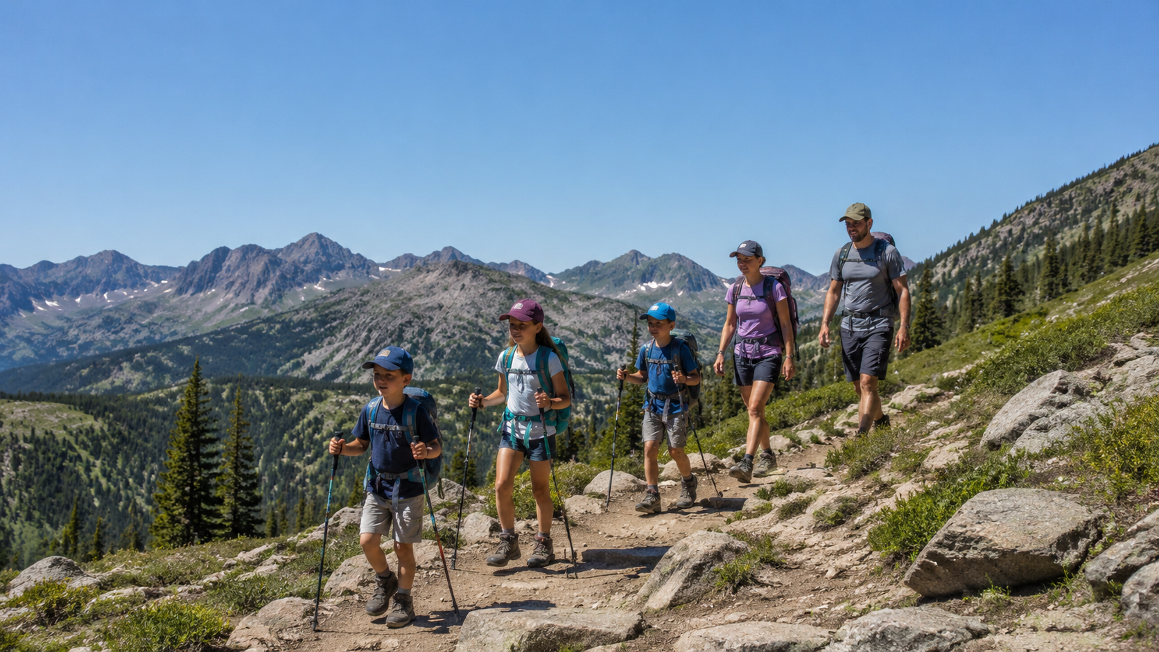 Family of four hiking on a marked trail with diverse terrain, children using maps