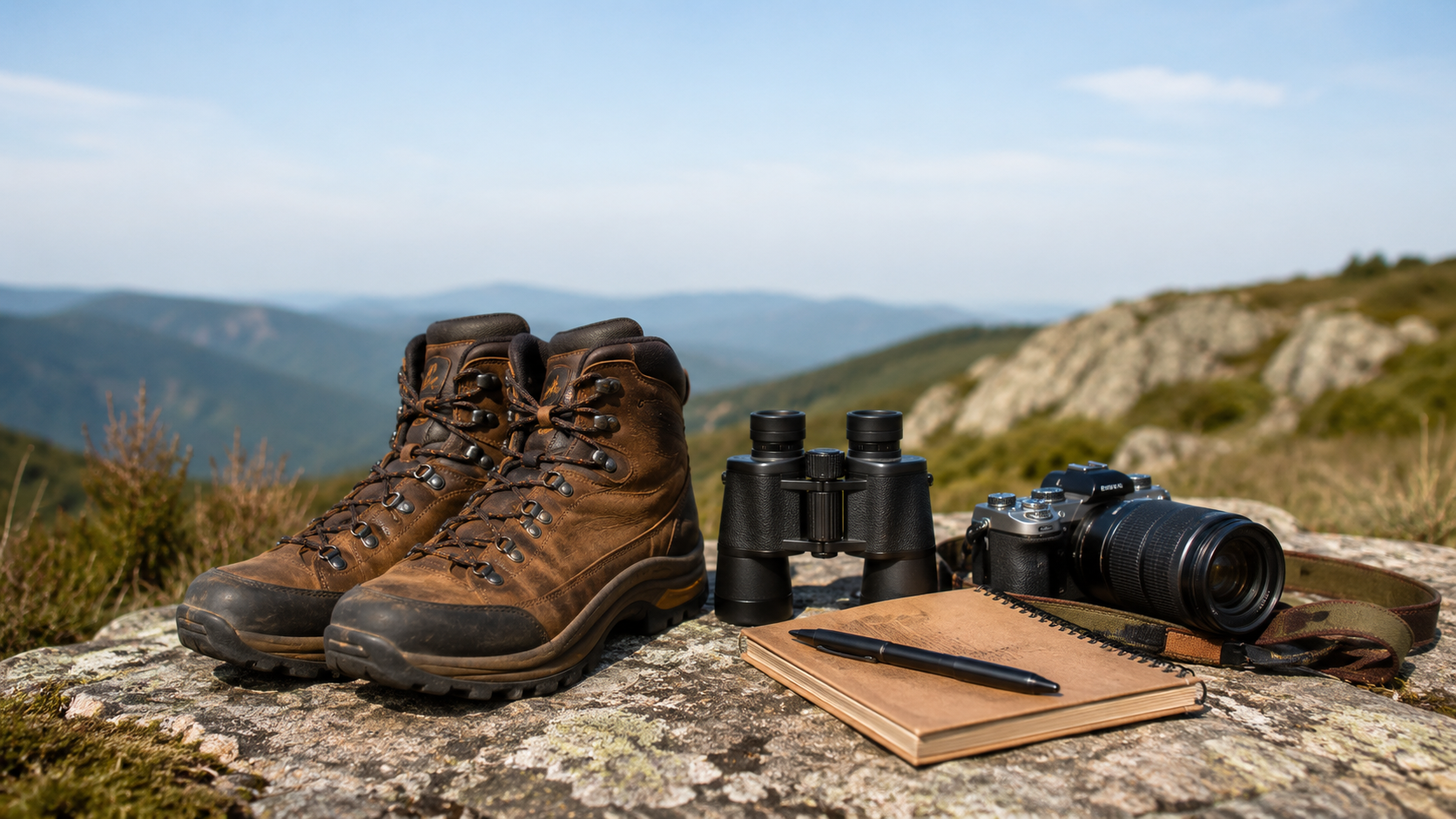 Hiking gear including boots, binoculars, notebook, and camera arranged on trail rock