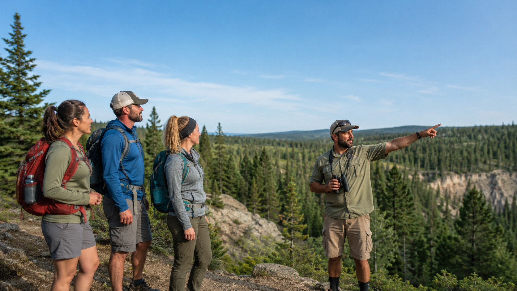Guide with binoculars leading hikers on a wildlife spotting trail through forest