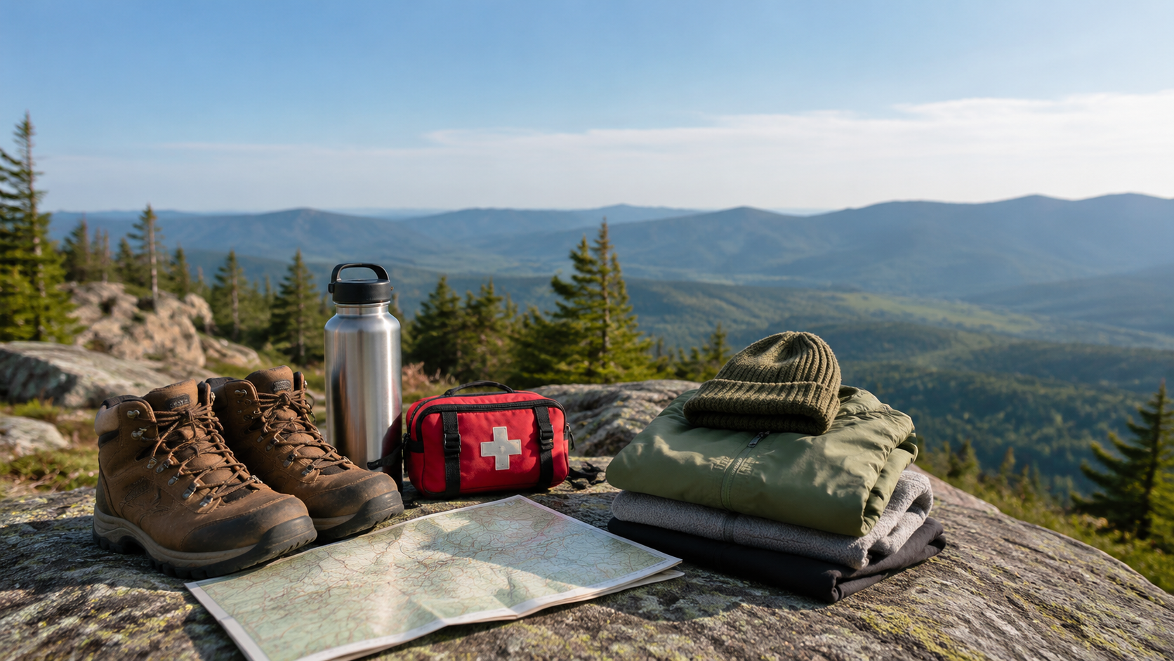 Complete hiking day pack contents and gear organized on flat lay with boots, water, and navigation tools