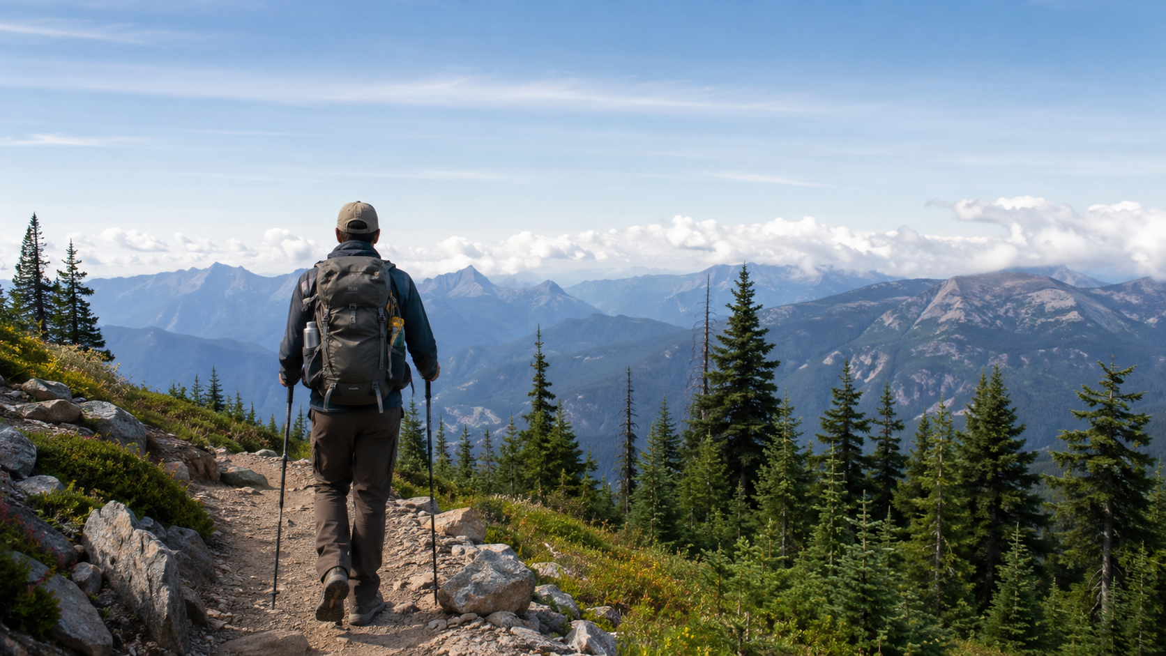 Hiker wearing daypack on rocky alpine trail surrounded by evergreen forest and mountain terrain