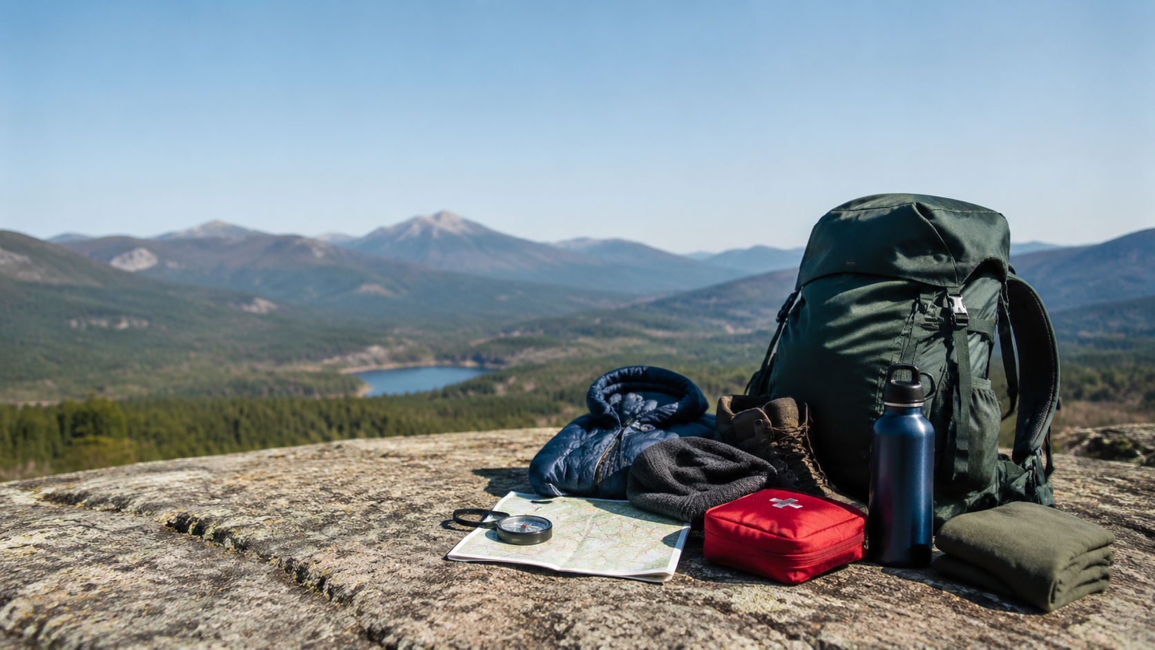 Complete hiking pack contents including navigation tools, hydration, safety kit, and layered clothing