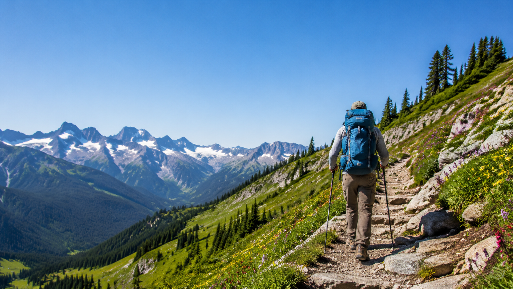 Experienced hiker navigating rocky alpine terrain wearing layered hiking clothing and backpack