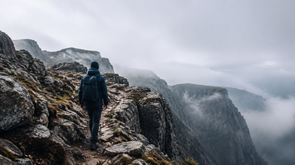 Hiker on steep rocky trail with dramatic cliff views and misty mountain backdrop