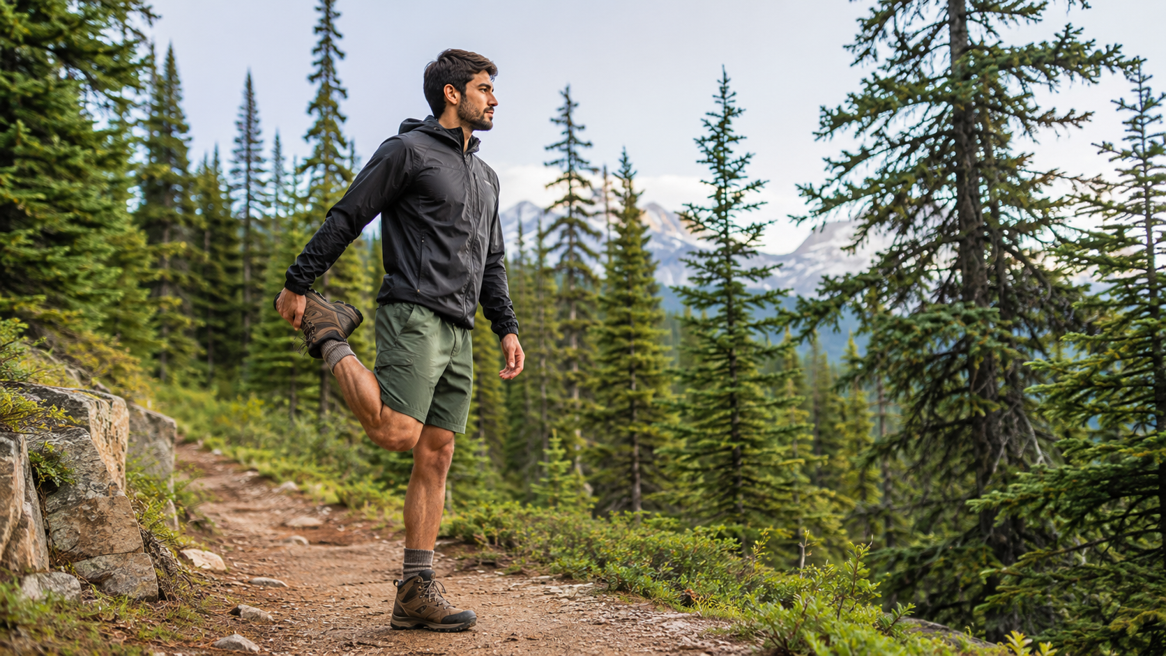 Hiker doing dynamic leg stretches on a trail before hiking