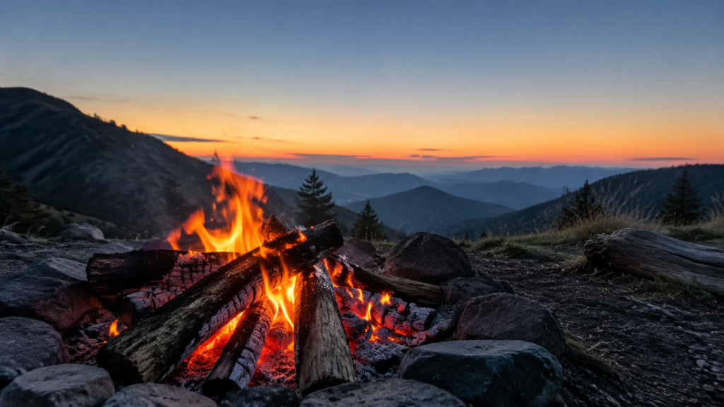 Banked campfire with glowing coals and ash, logs arranged in banking formation at dusk