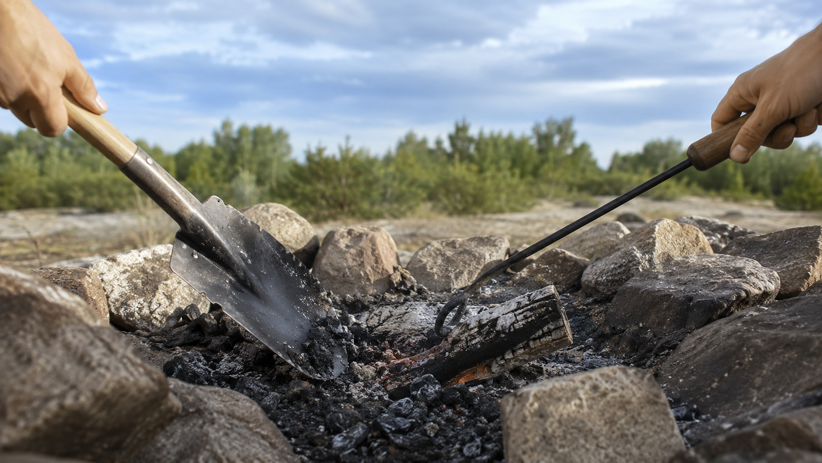 Hands using metal fire tools to arrange logs and manage coals in a banked fire