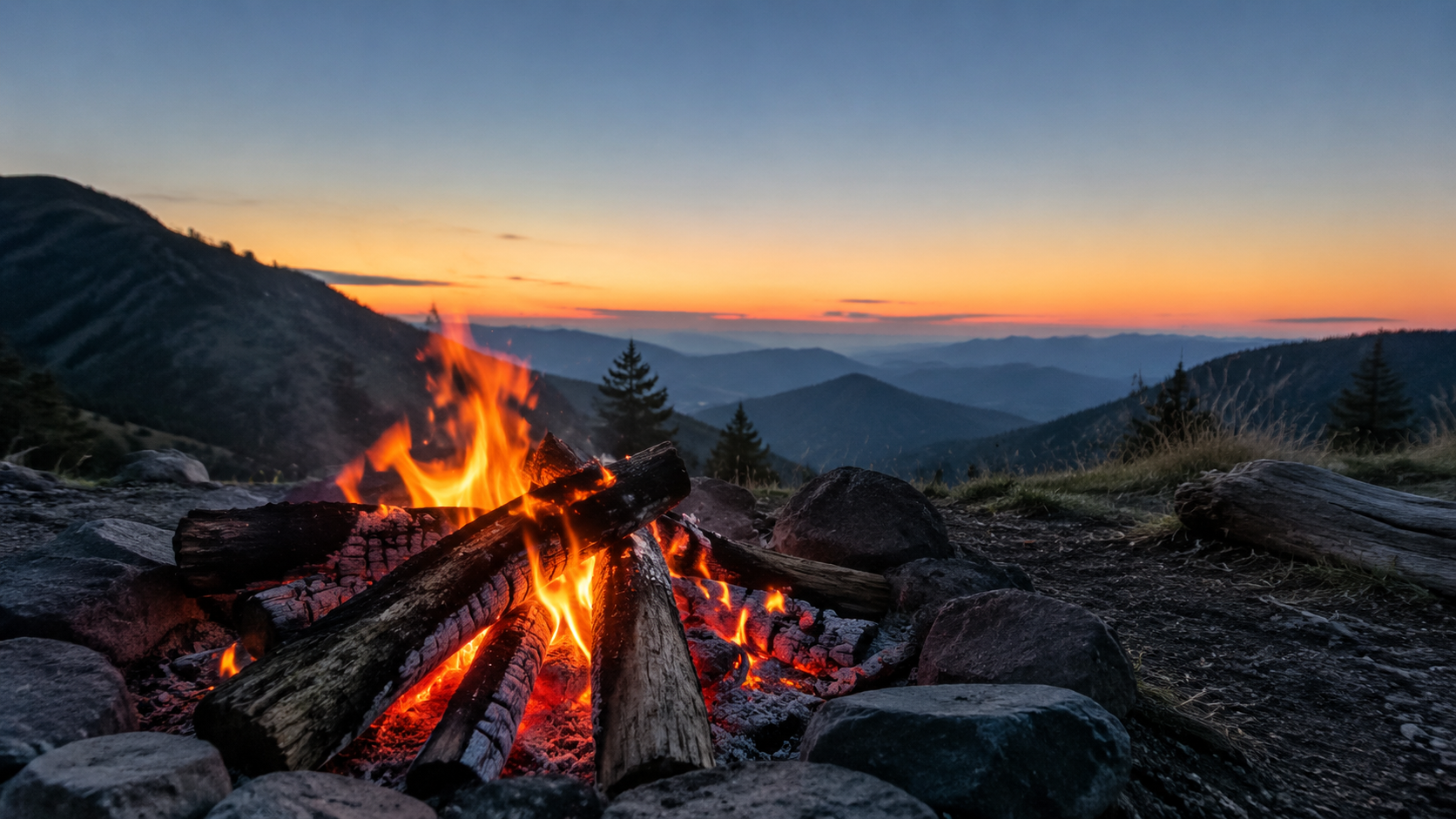 Banked campfire with glowing coals and ash, logs arranged in banking formation at dusk