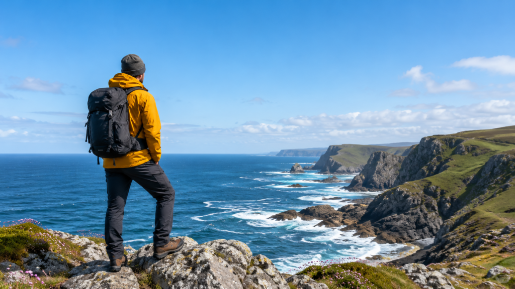 Hiker in coastal-appropriate gear on rocky Maine coastline with ocean visible