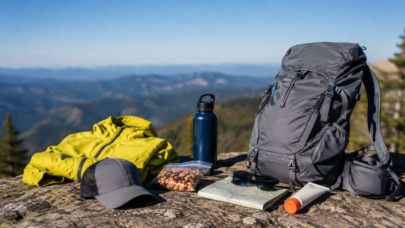Essential coastal hiking gear including waterproof jacket, pack, water, and sun protection