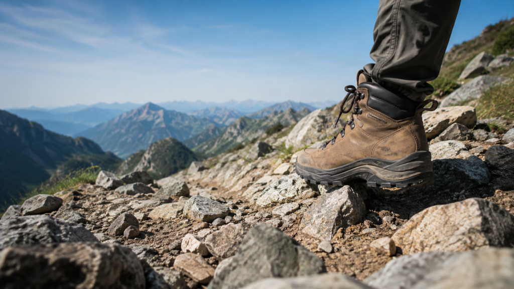 Boot with good grip stepping precisely on rocky trail terrain with scattered stones