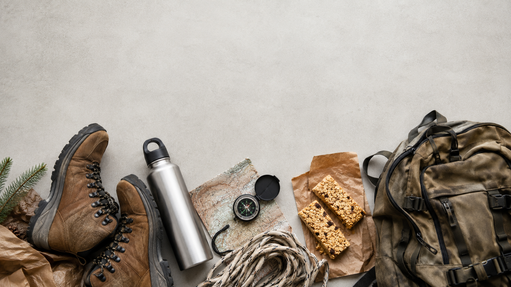 Affordable hiking gear laid out including boots, water bottle, snacks, and basic equipment