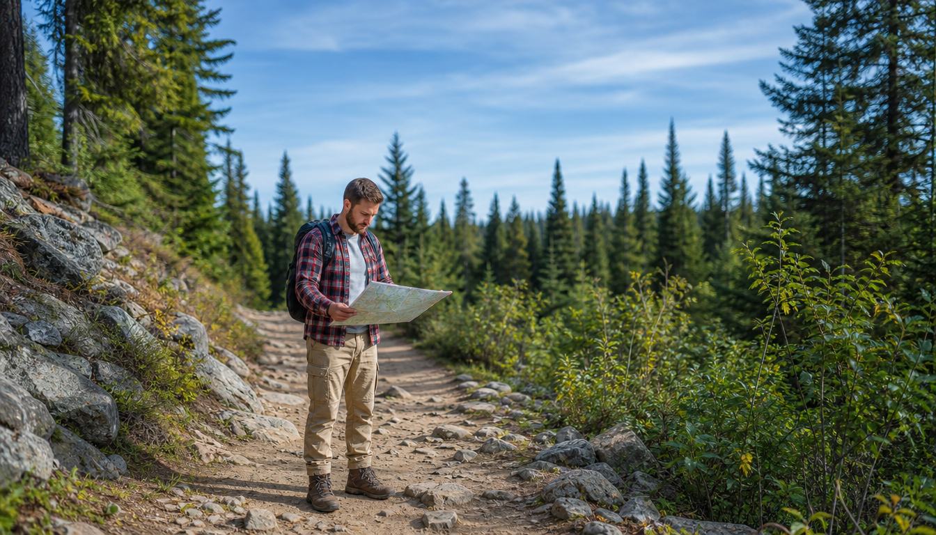 Budget-conscious hiker in basic gear consulting map on a generic wooded trail
