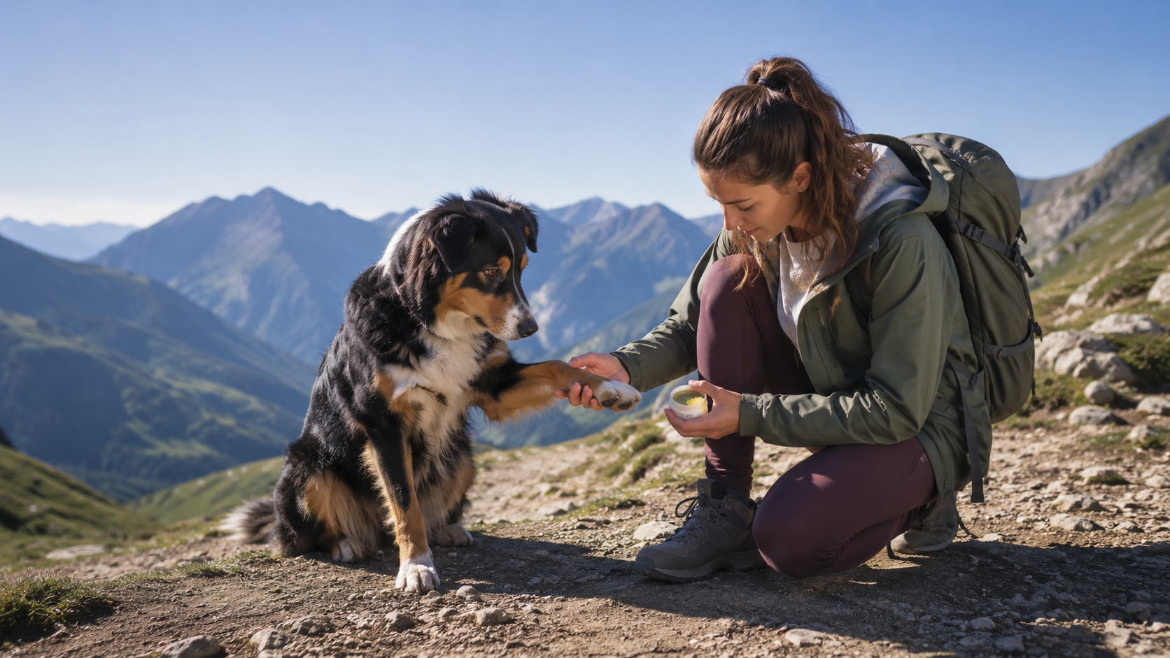 Person inspecting and caring for dog's paws during desert hiking break