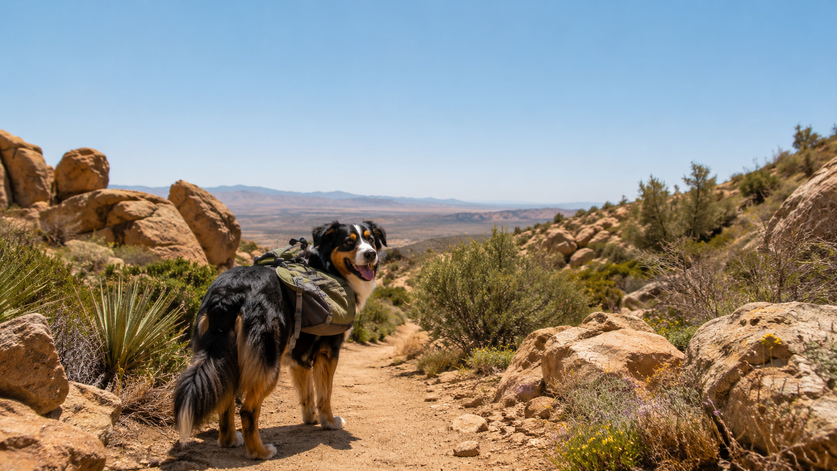 Hiker with golden retriever wearing dog backpack on rocky desert trail