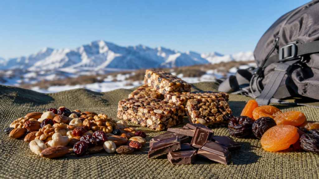 Variety of high-calorie trail snacks and energy foods for cold-weather hiking