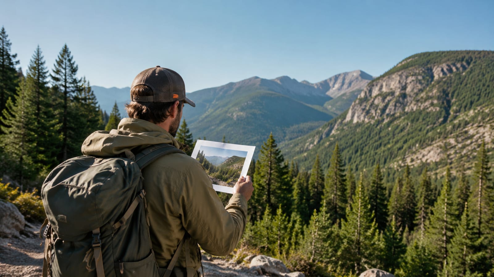 Hiker holding trail map comparing it to mountain valley view ahead
