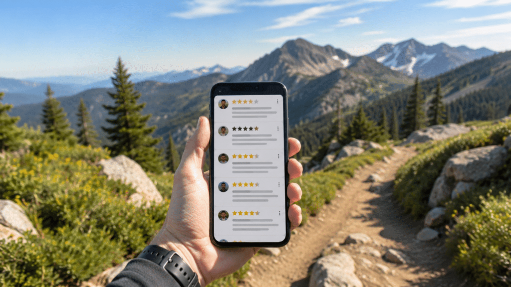 Hiker reviewing trail information on smartphone while on a hiking path