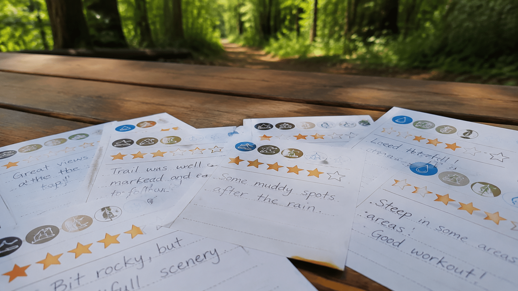 Multiple trail reviews with varying star ratings and condition notes laid out on outdoor surface