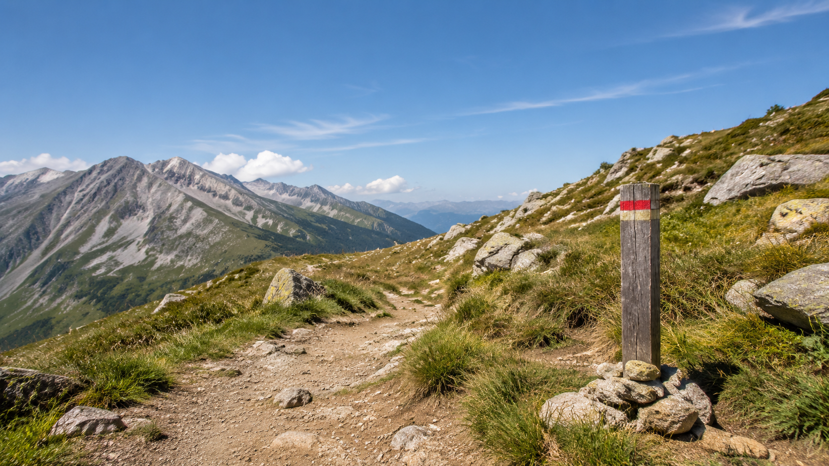 Hiker navigating rocky terrain on a marked outdoor trail with varied difficulty