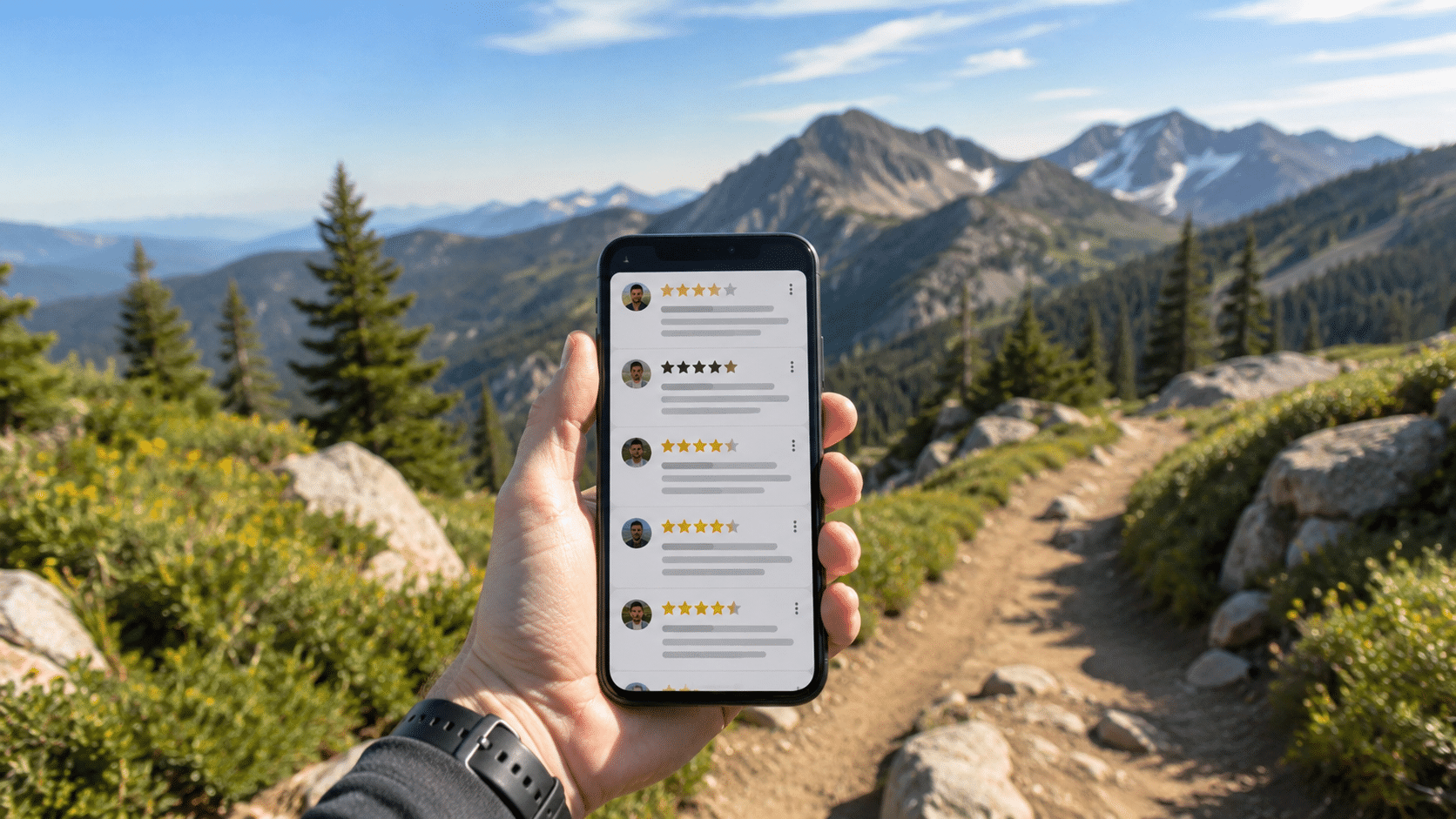 Hiker reviewing trail information on smartphone while on a hiking path