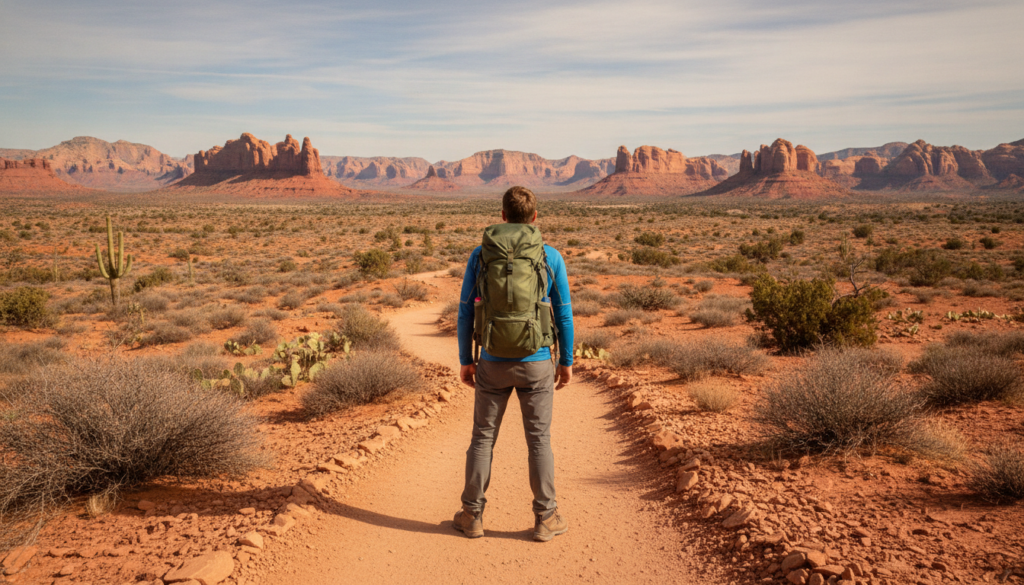 Hiker on red sandstone trail wearing proper hiking gear, desert landscape ahead