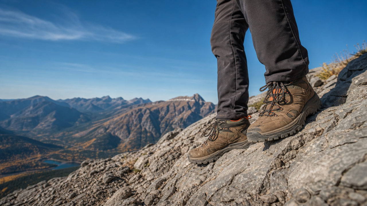 Hiker's boots on steep rocky terrain demonstrating safe footing and technical trail conditions