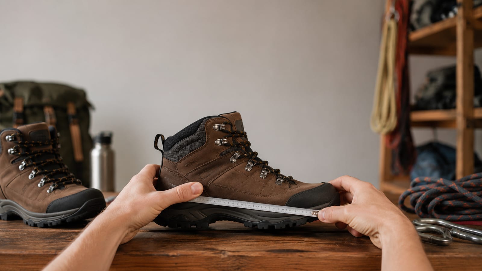 Hands measuring and inspecting hiking boot construction and fit