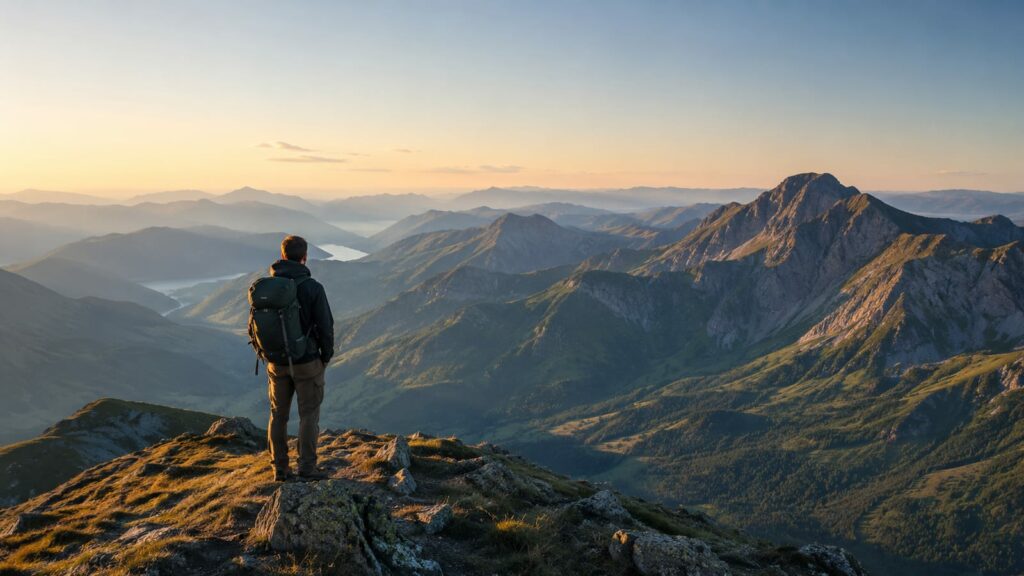 Backpacker on mountain ridge overlooking expansive valley at sunset