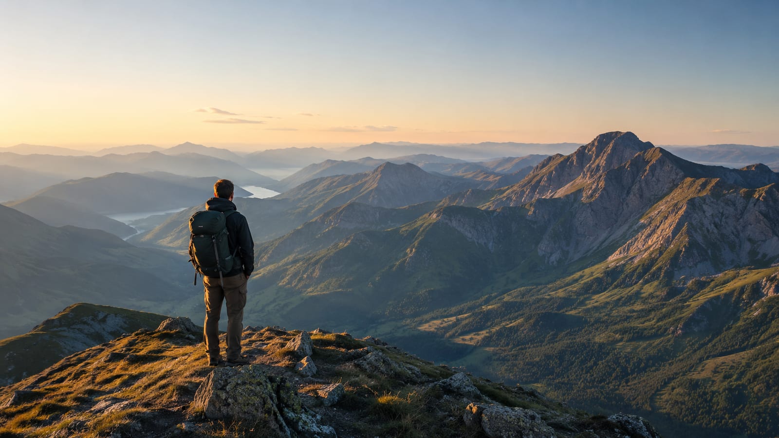 Backpacker on mountain ridge overlooking expansive valley at sunset