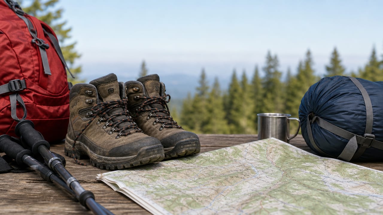 Hiking boots, trekking poles, and topographic map with outdoor gear on table