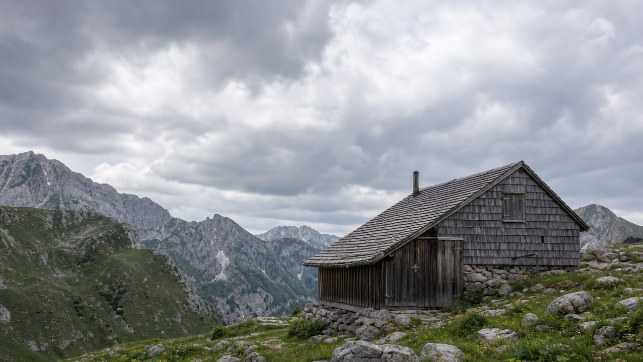 Rustic mountain hut in alpine landscape beneath overcast sky