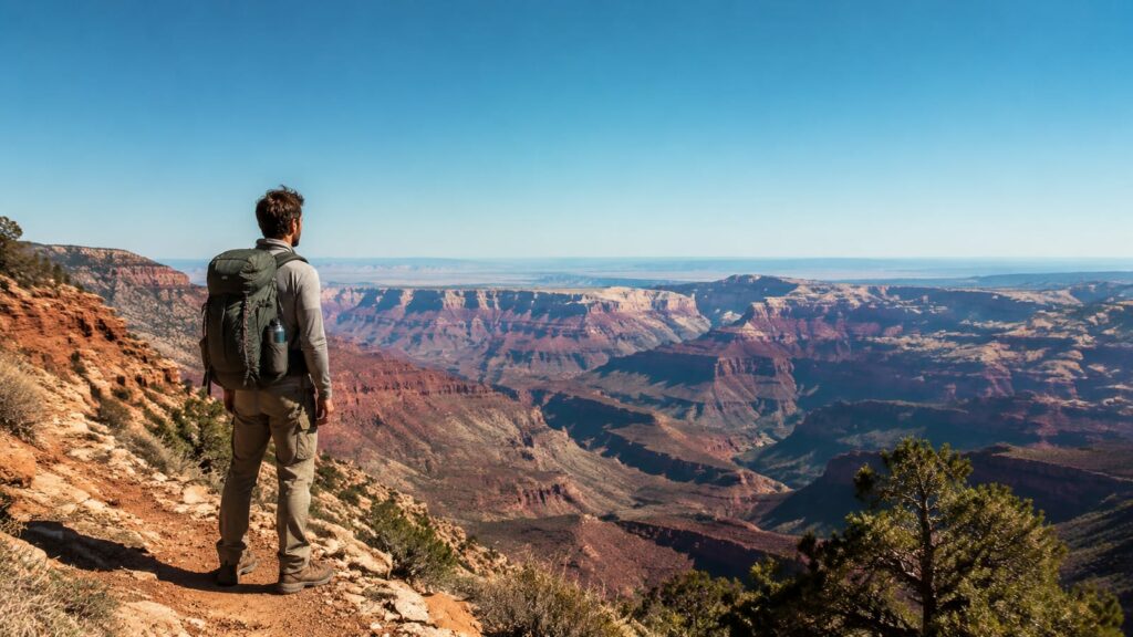 Hiker with backpack overlooking Palo Duro Canyon caves under a clear blue sky