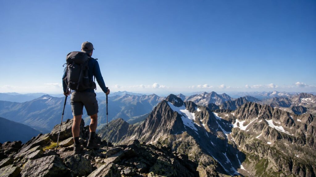 Hiker in summer alpine terrain with distant snow-capped peaks and rocky ridgeline
