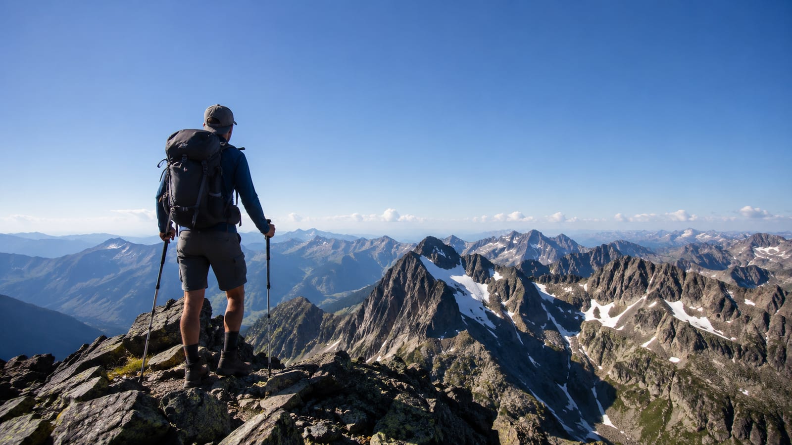 Hiker in summer alpine terrain with distant snow-capped peaks and rocky ridgeline