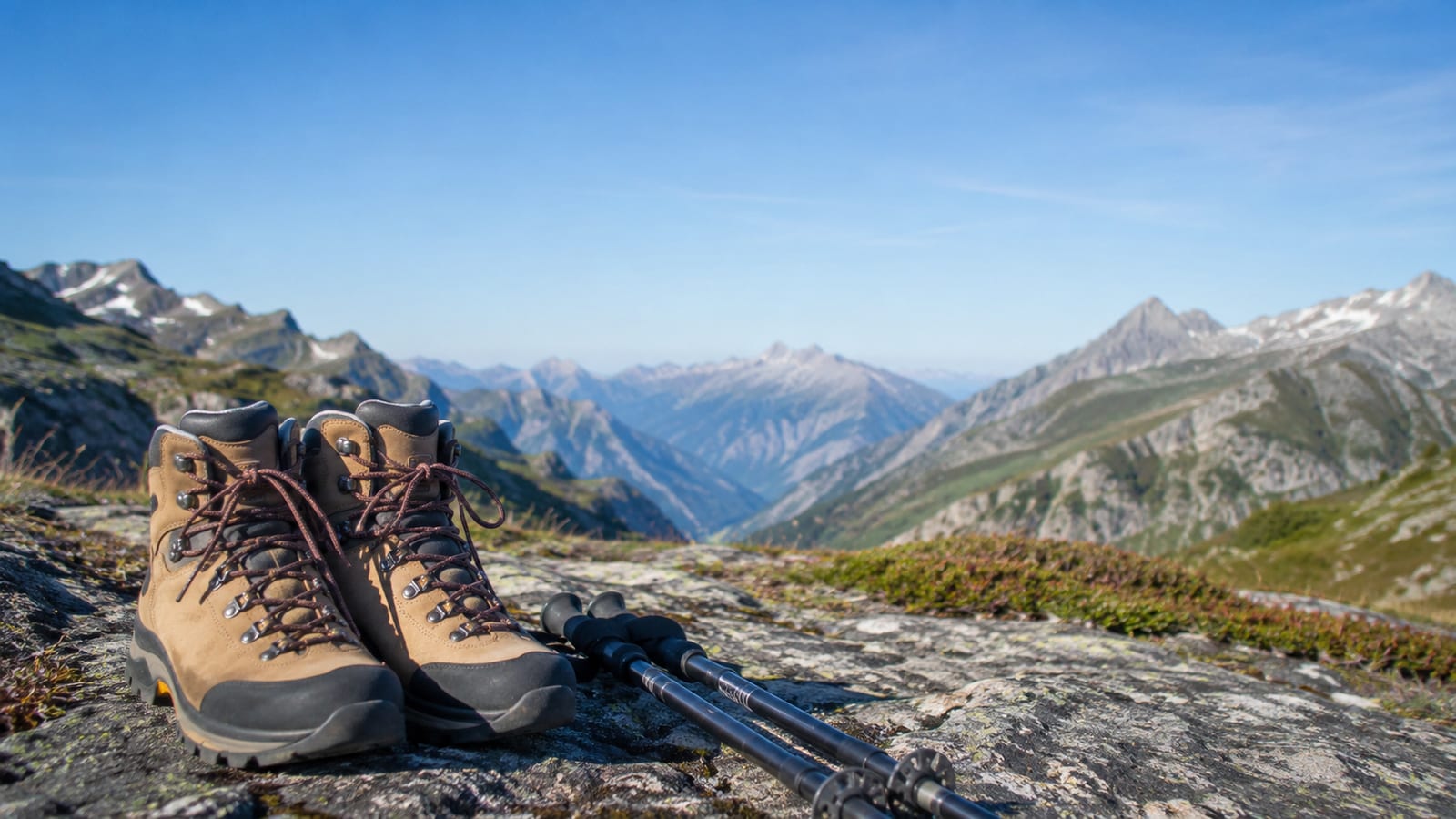 Alpine hiking boots and poles on high-altitude rocky trail with sparse alpine vegetation