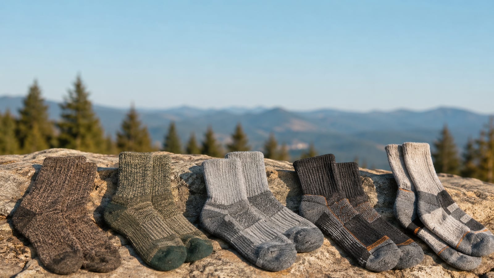 Various hiking sock styles displayed, illustrating different materials and cushioning options