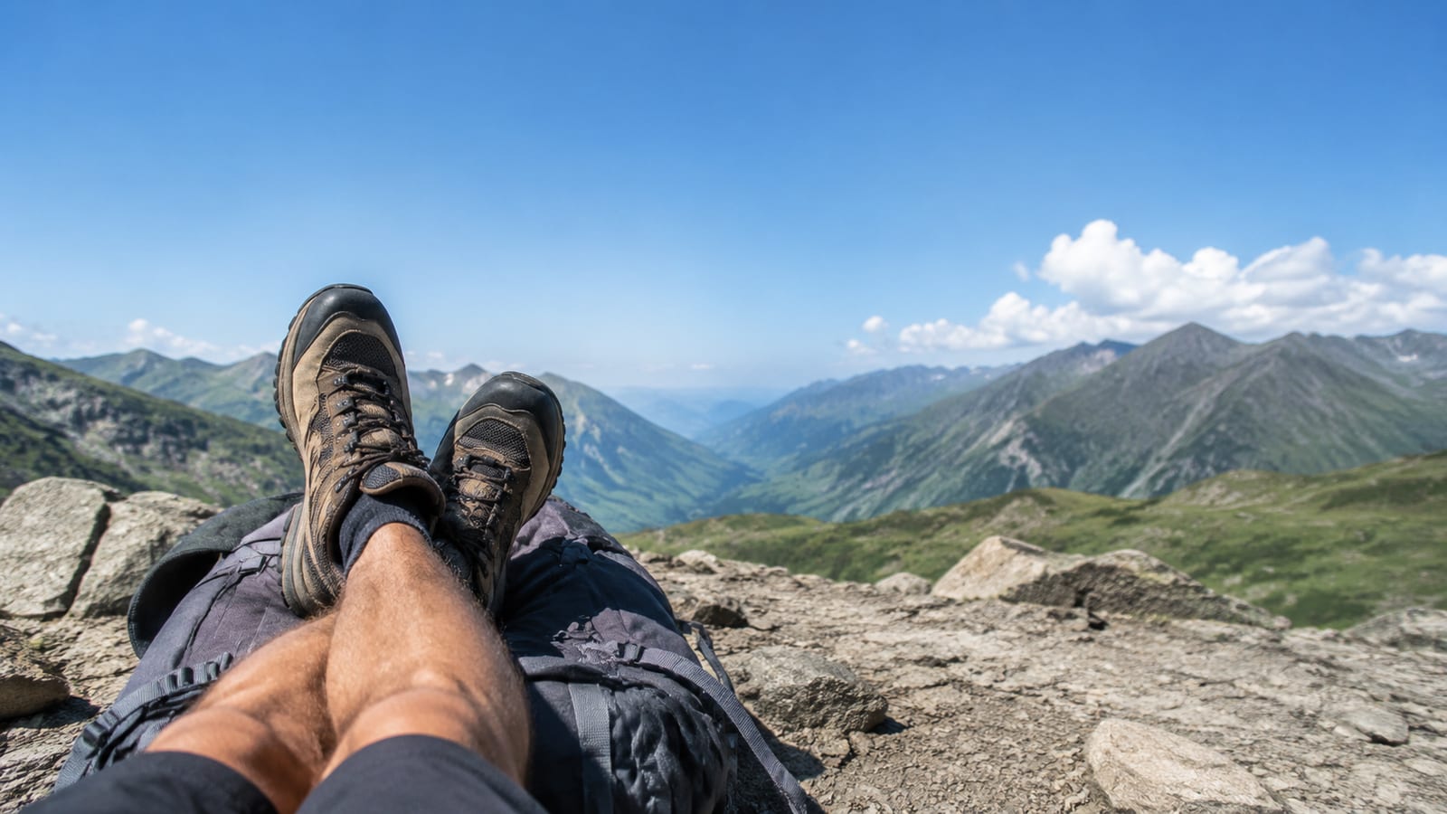 Tired hiker resting feet elevated after a long day on the trail