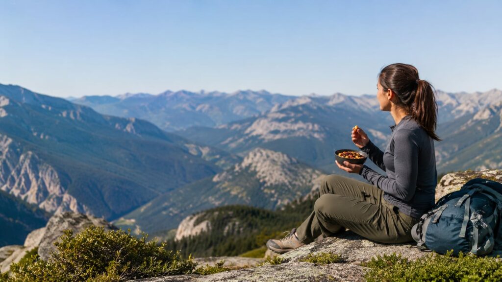 Hiker eating nutritious snack from bowl on mountain overlook before continuing hike