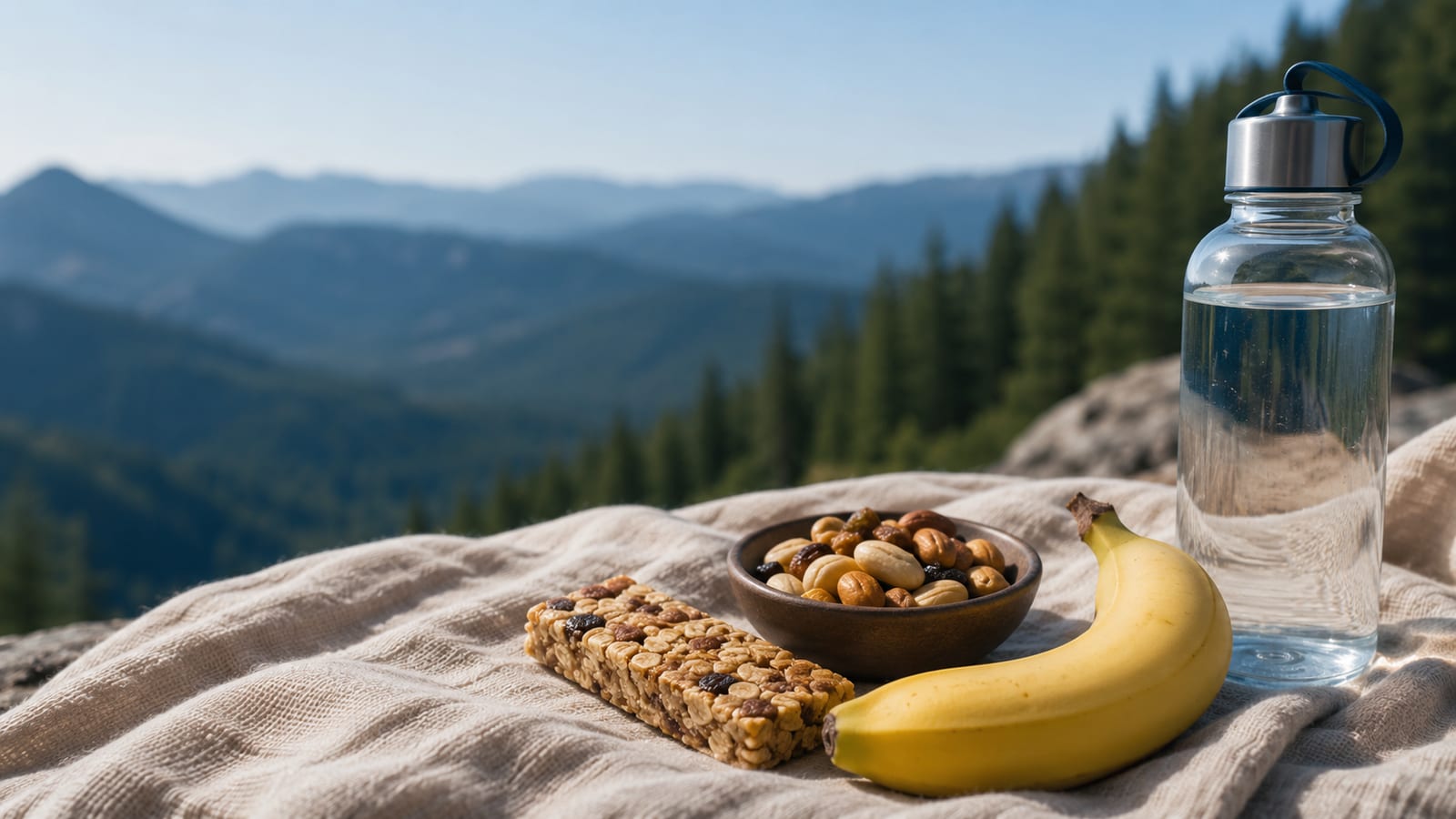 Array of pre-hike foods including banana, nuts, energy bar, and water bottle on cloth