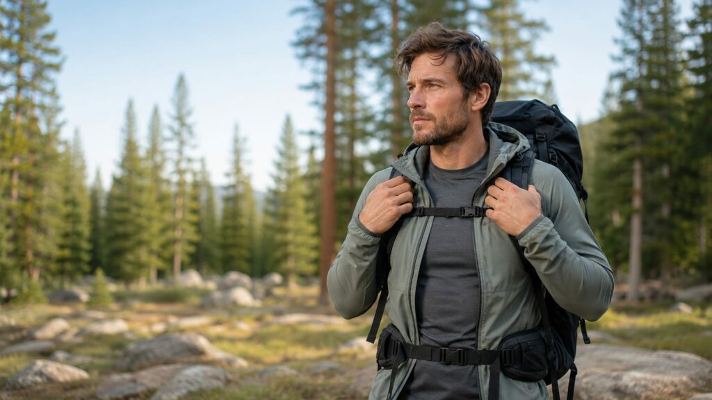 Hiker in merino wool base layer adjusting backpack straps in forest