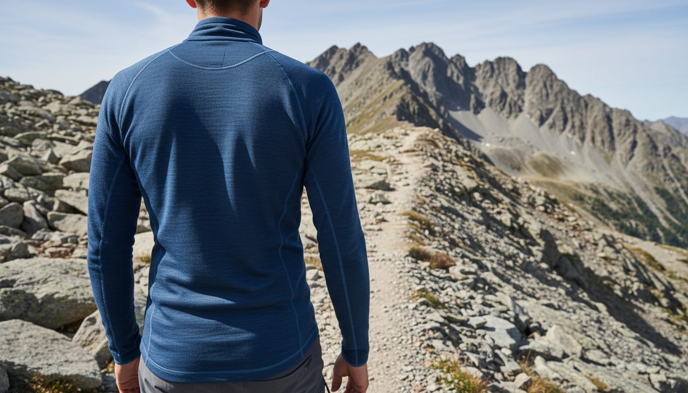 Hiker from behind on rocky alpine trail wearing fitted merino base layer