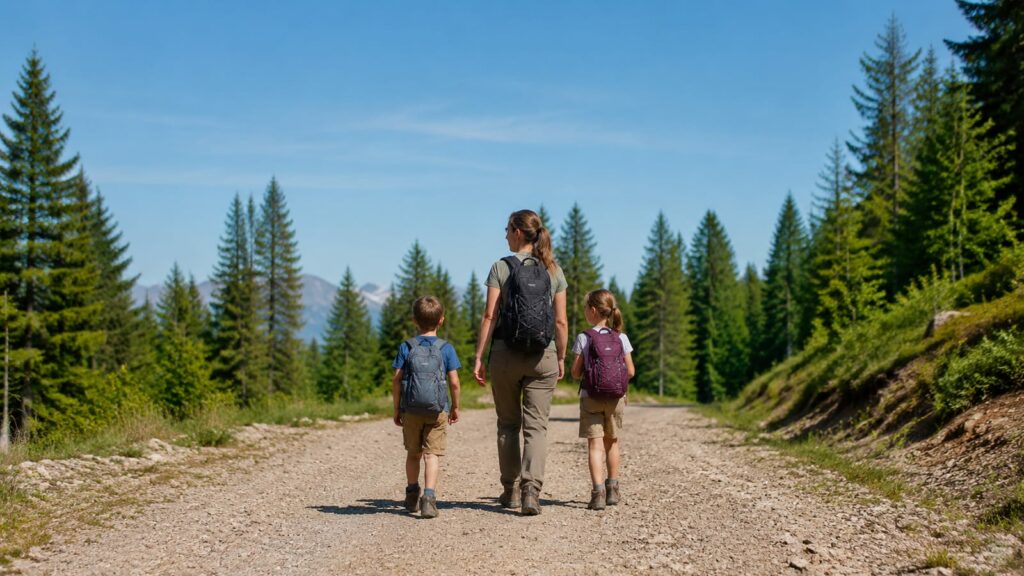 Family of three hikers with daypacks walking on a forested trail together