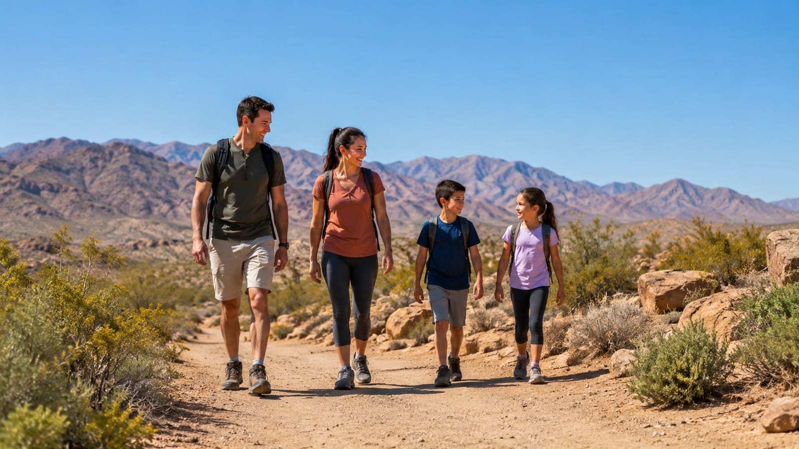 Family of four hiking a desert trail with mountains, 7 California trails with kid-friendly landmarks