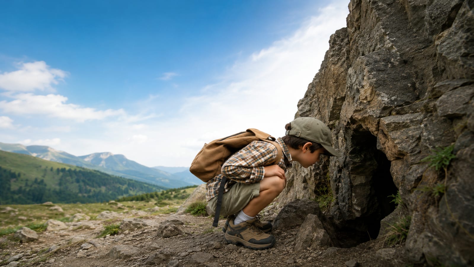 Kid crouching to peek into a rocky trailside cave along a mountain path
