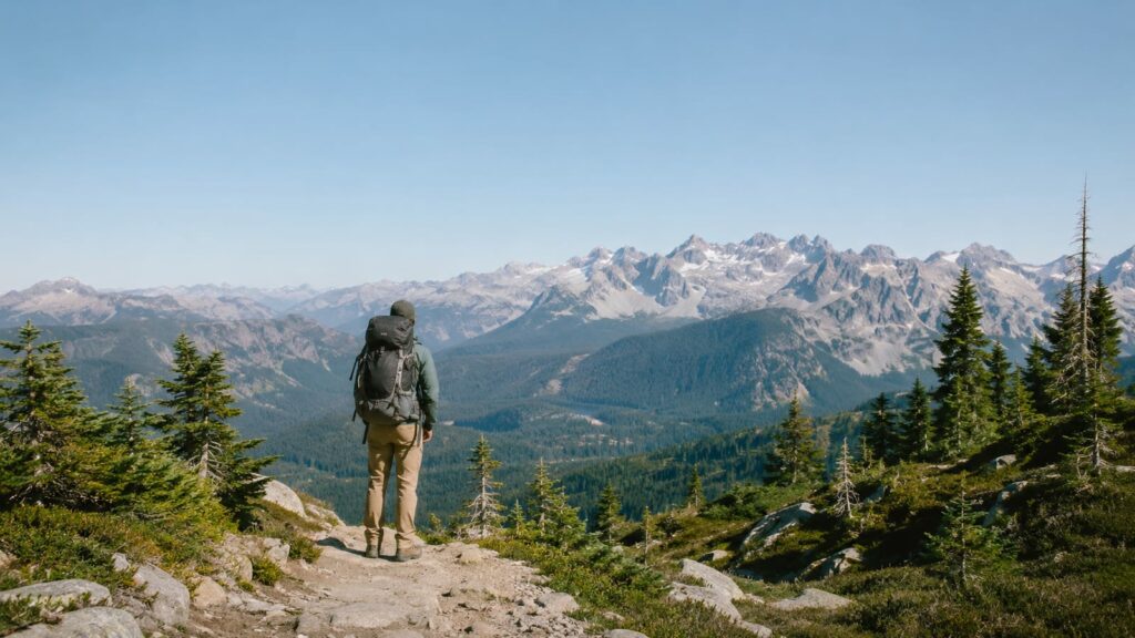 Best Banff Hiking Trails: 7 Hikes for Every Fitness Level, hiker with backpack overlooking snowy mountain range from ridge trail