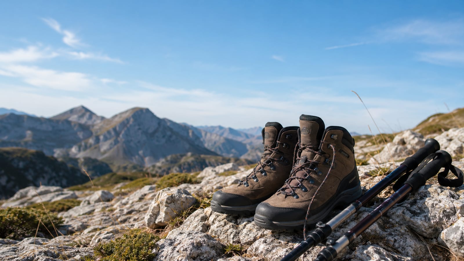 Best Banff Hiking Trails: hiking boots and trekking poles on rocky summit overlooking mountains