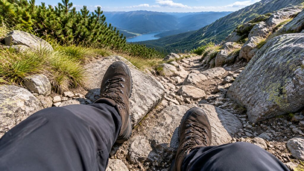 Rocky Trail Footwork: Techniques That Beat Expensive Gear, hiking boots on rocky mountain trail overlooking valley lake